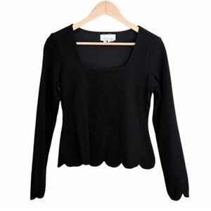 Anthropologie Black Scoopneck Scallop Hem Ribbed Long Sleeve Shirt XS